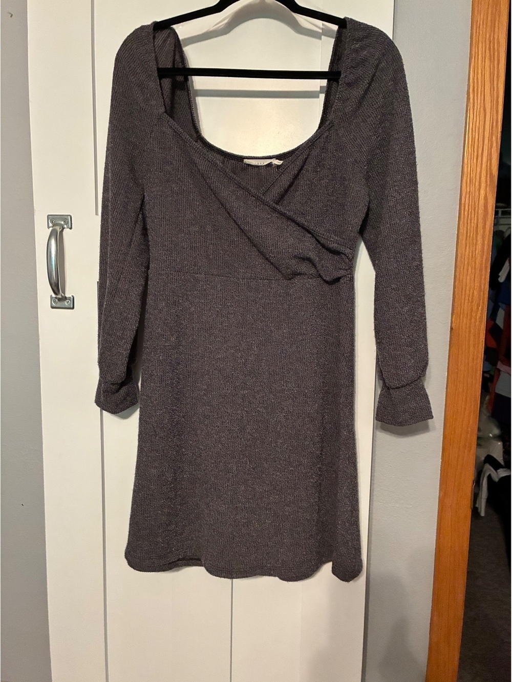 LUSH Grey Ribbed Wrap-Front Long Sleeve Sweater Dress - Size Large
